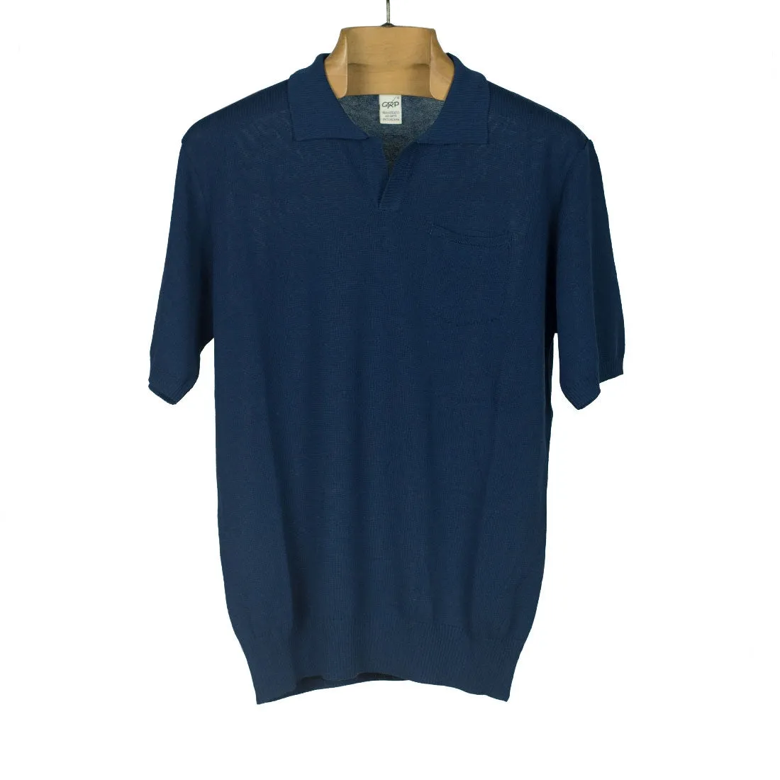 Knit short sleeve polo shirt, Blue crisp cotton