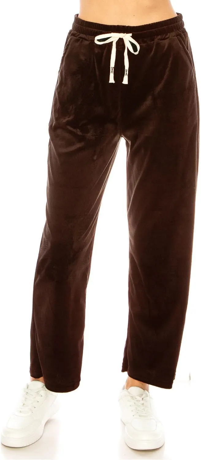 LA12ST Women's Elastic Waist Velour Loose Wide Leg Pants Long Palazzo Casual Flare Jogger with Pockets