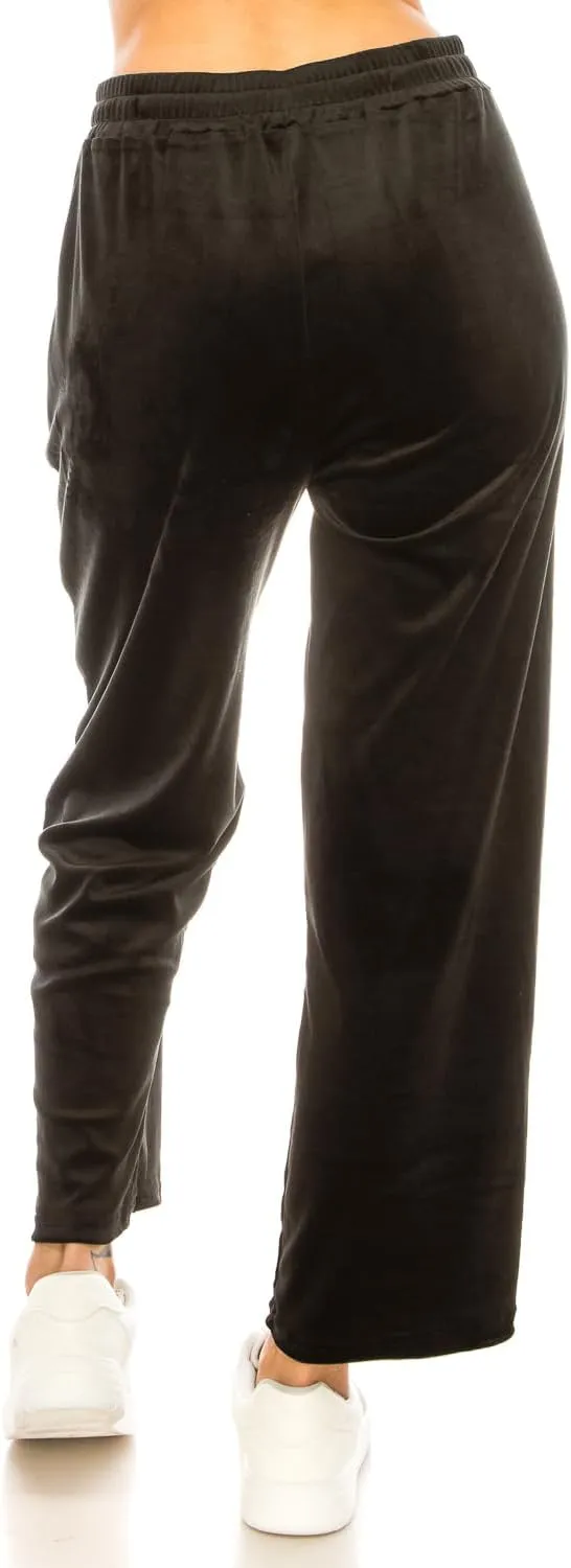 LA12ST Women's Elastic Waist Velour Loose Wide Leg Pants Long Palazzo Casual Flare Jogger with Pockets