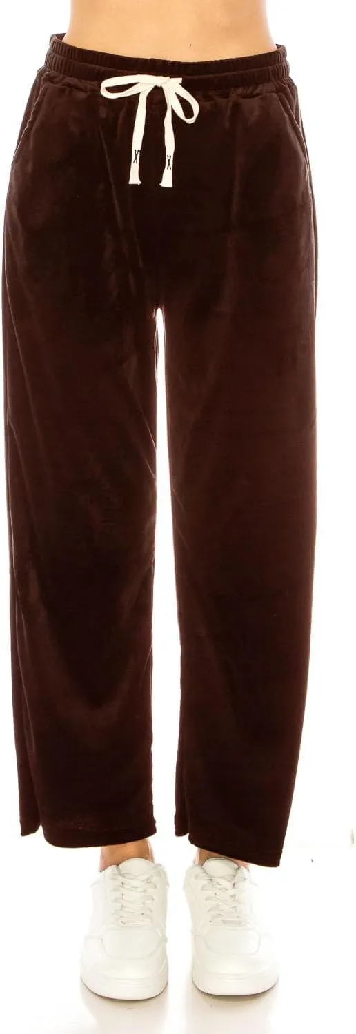 LA12ST Women's Elastic Waist Velour Loose Wide Leg Pants Long Palazzo Casual Flare Jogger with Pockets