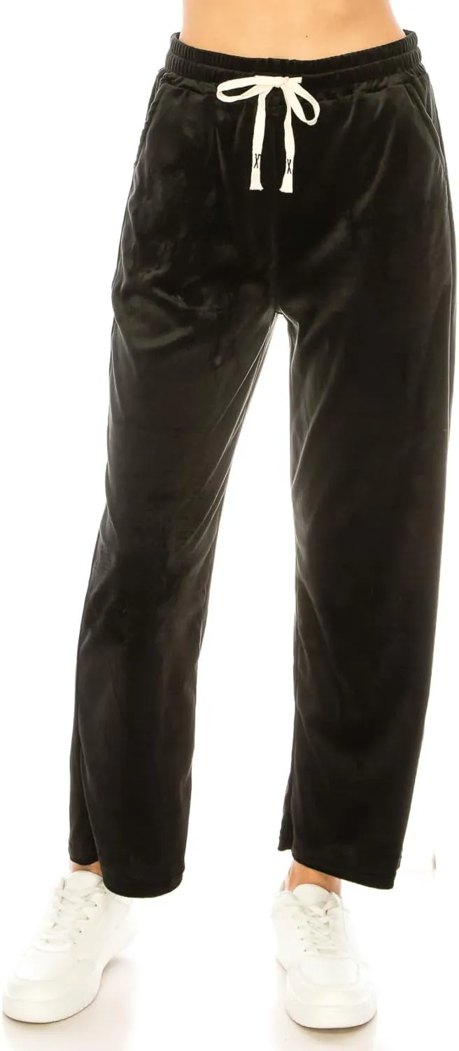 LA12ST Women's Elastic Waist Velour Loose Wide Leg Pants Long Palazzo Casual Flare Jogger with Pockets