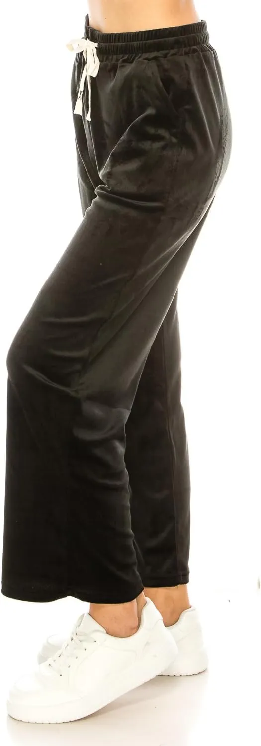 LA12ST Women's Elastic Waist Velour Loose Wide Leg Pants Long Palazzo Casual Flare Jogger with Pockets