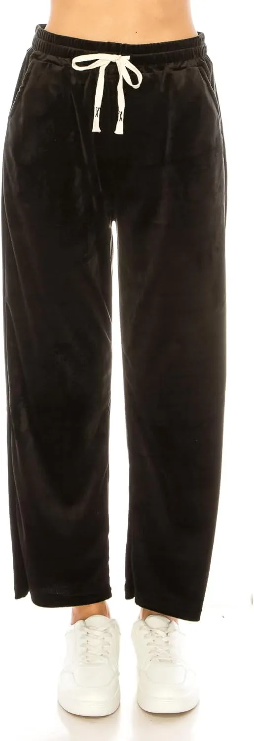 LA12ST Women's Elastic Waist Velour Loose Wide Leg Pants Long Palazzo Casual Flare Jogger with Pockets