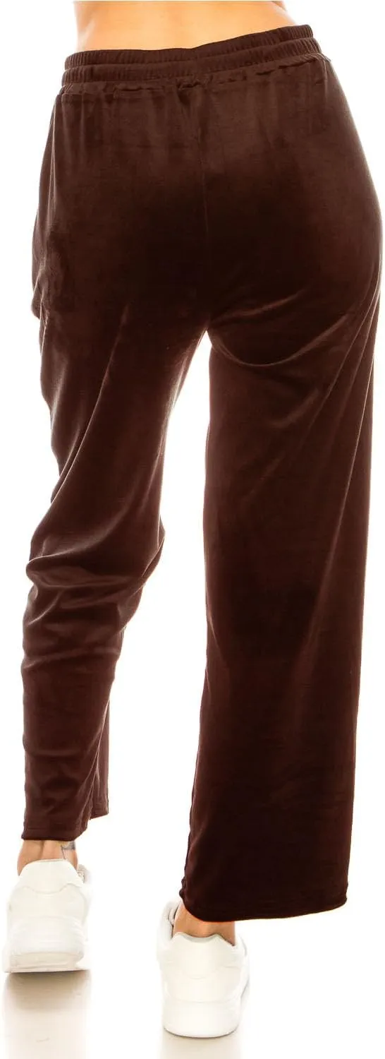 LA12ST Women's Elastic Waist Velour Loose Wide Leg Pants Long Palazzo Casual Flare Jogger with Pockets