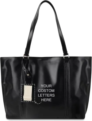 Large Tote Bags for Women Work-Custom Personalized Initial Embroidered Vegan PU Leather Oversize Weekender Bag Hobo Handbag Travel Purse,Casual 15.6 Inch Laptop Tote Bag with Zipper Compartments