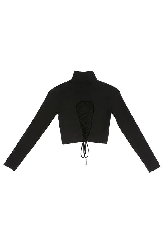 LILOU Black Long Sleeves Mock Neck Lace-up Open Back Top