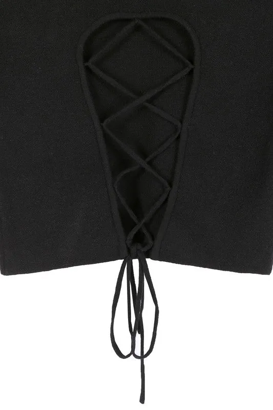LILOU Black Long Sleeves Mock Neck Lace-up Open Back Top