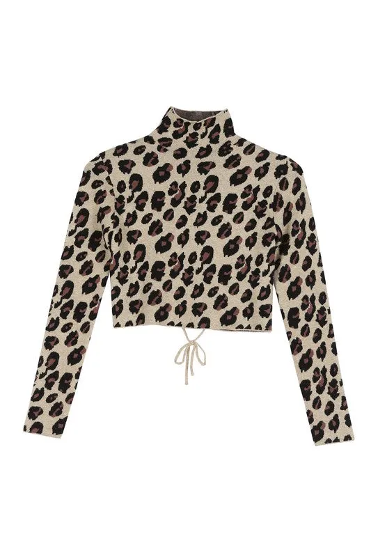 LILOU Black Long Sleeves Mock Neck Lace-up Open Back Top
