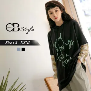 LONGLINE FAKE TWO PIECE CHECKED PATCHED HOODED TOPS