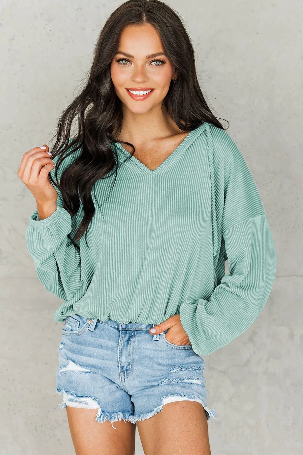 Loose Fit Ribbed V Neck Hoodie