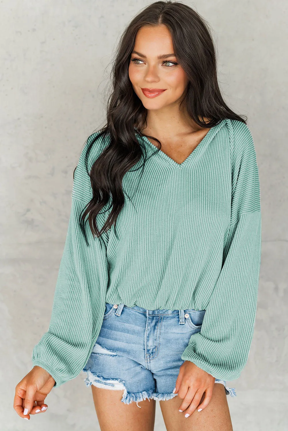 Loose Fit Ribbed V Neck Hoodie