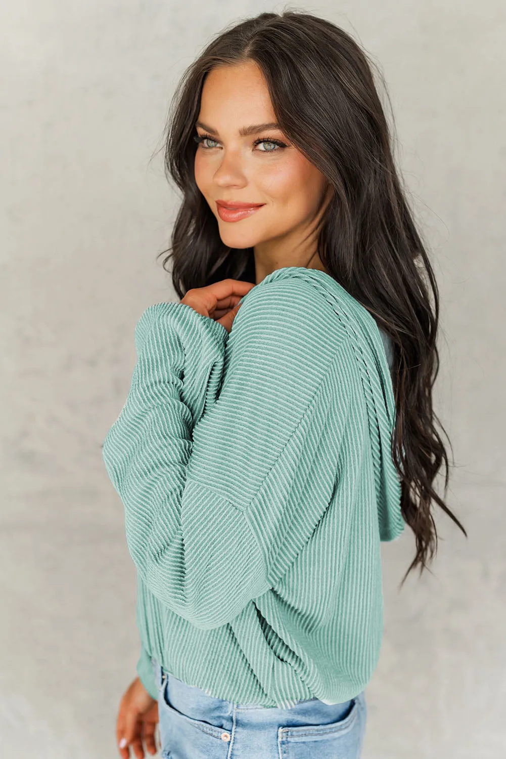 Loose Fit Ribbed V Neck Hoodie