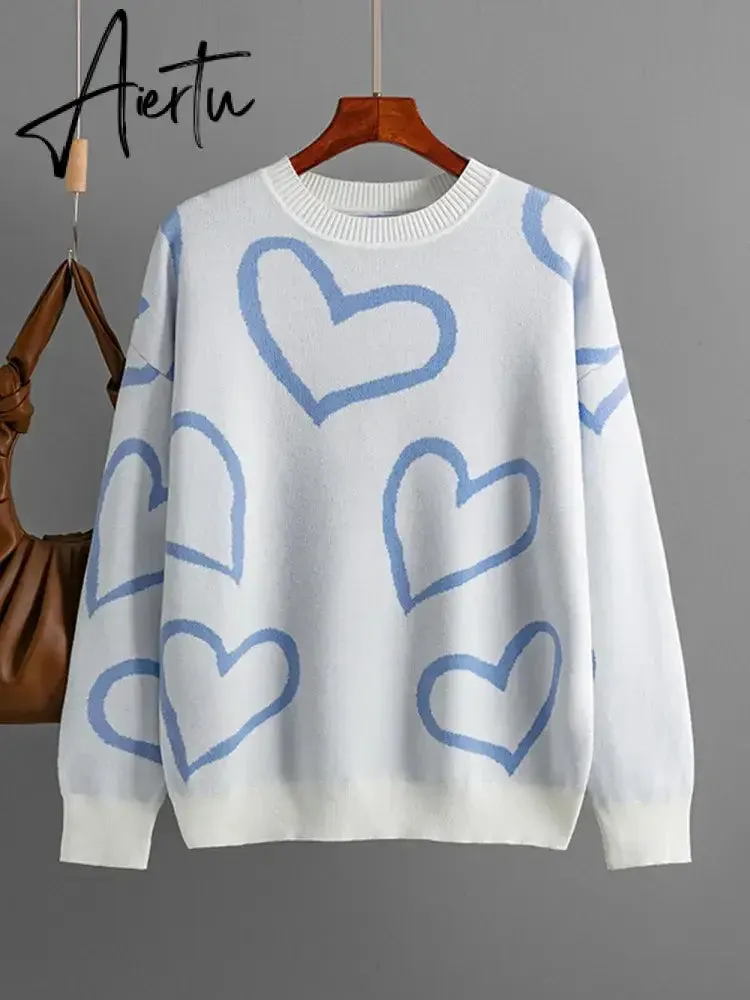 Loose Heart Contrast Color Sweater Oversize Women Autumn Winter Knitted Pullovers Oversized Sweaters For Women