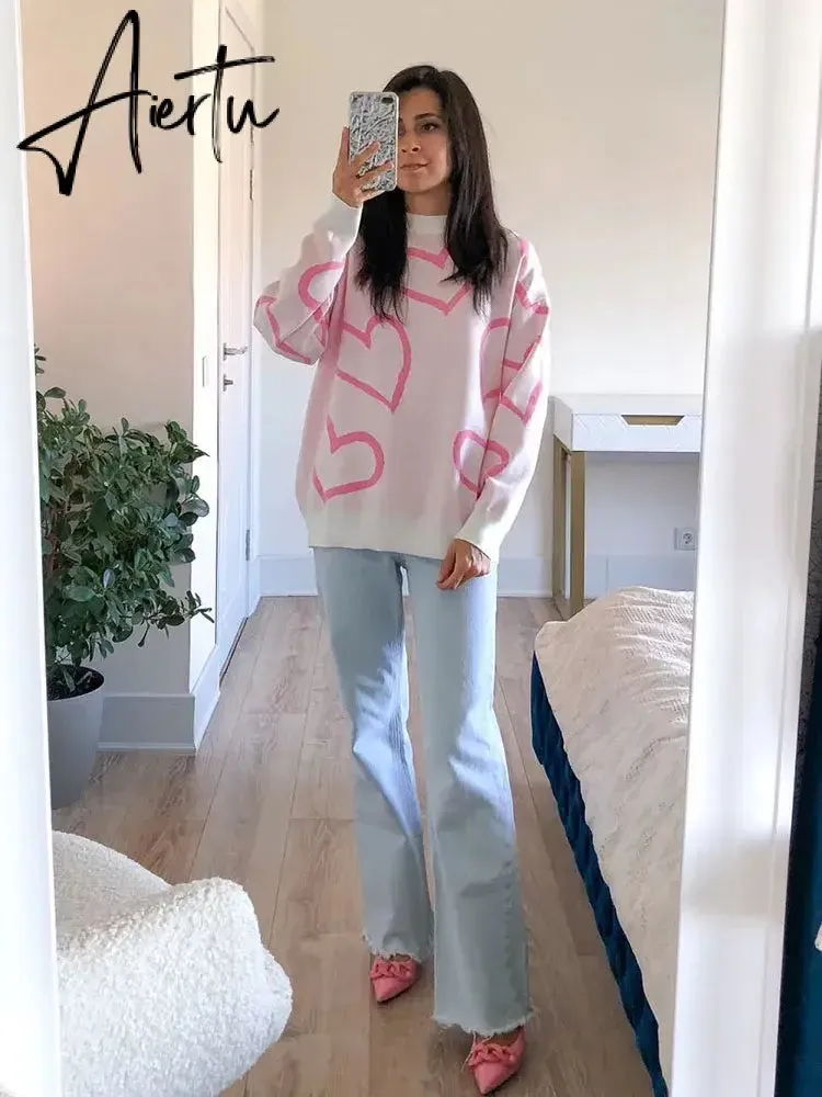 Loose Heart Contrast Color Sweater Oversize Women Autumn Winter Knitted Pullovers Oversized Sweaters For Women