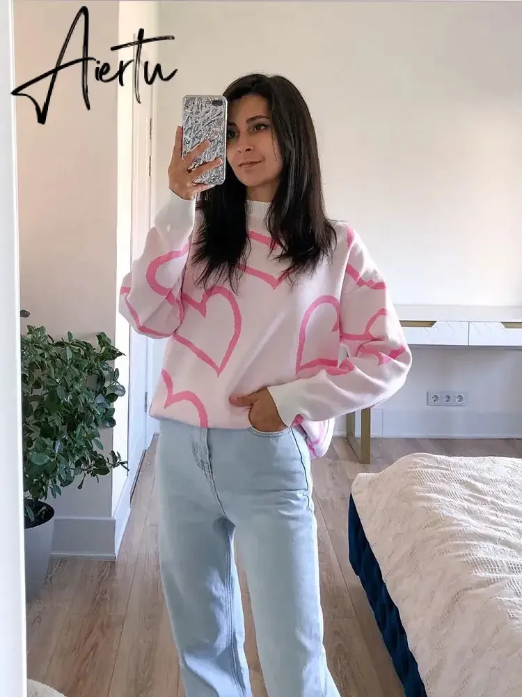 Loose Heart Contrast Color Sweater Oversize Women Autumn Winter Knitted Pullovers Oversized Sweaters For Women