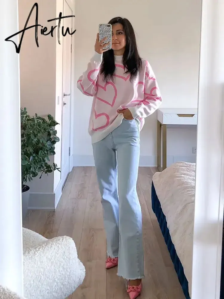 Loose Heart Contrast Color Sweater Oversize Women Autumn Winter Knitted Pullovers Oversized Sweaters For Women