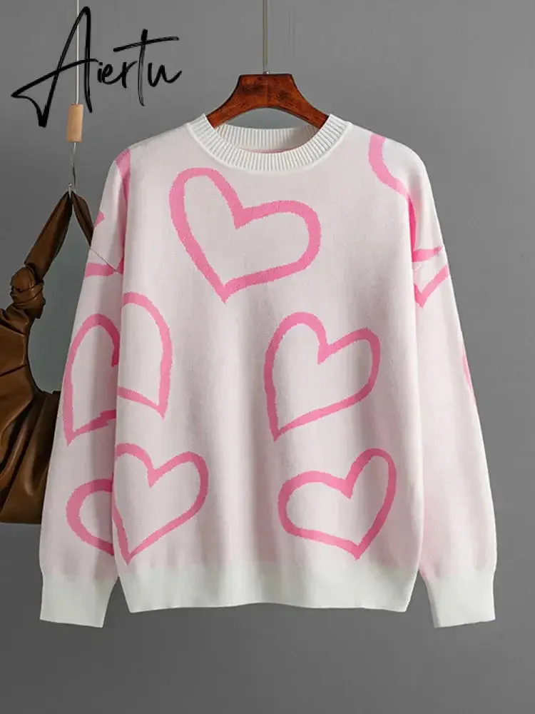 Loose Heart Contrast Color Sweater Oversize Women Autumn Winter Knitted Pullovers Oversized Sweaters For Women