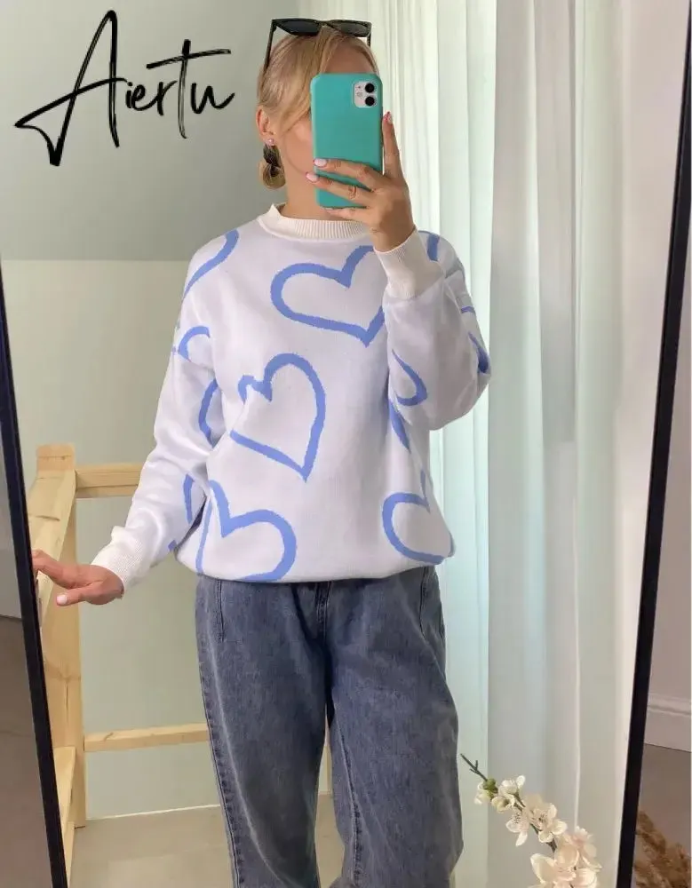 Loose Heart Contrast Color Sweater Oversize Women Autumn Winter Knitted Pullovers Oversized Sweaters For Women