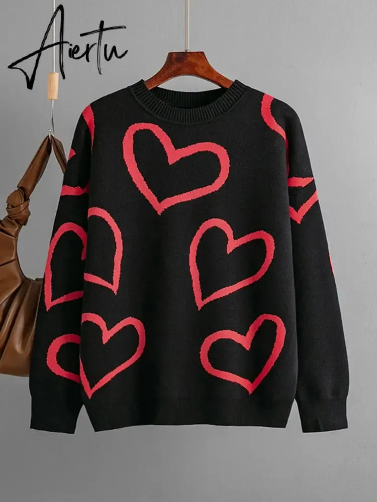 Loose Heart Contrast Color Sweater Oversize Women Autumn Winter Knitted Pullovers Oversized Sweaters For Women