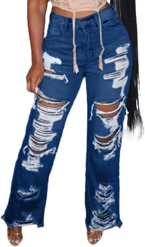 Lucuna Women's High Waisted Ripped Jeans Cut Out Destroyed Frayed Tassels Distressed Denim Pants