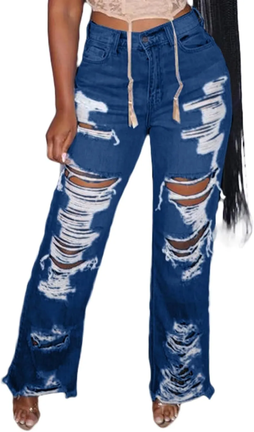 Lucuna Women's High Waisted Ripped Jeans Cut Out Destroyed Frayed Tassels Distressed Denim Pants