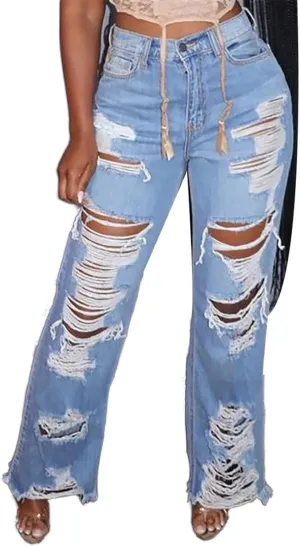 Lucuna Women's High Waisted Ripped Jeans Cut Out Destroyed Frayed Tassels Distressed Denim Pants