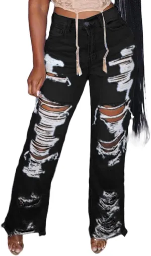 Lucuna Women's High Waisted Ripped Jeans Cut Out Destroyed Frayed Tassels Distressed Denim Pants