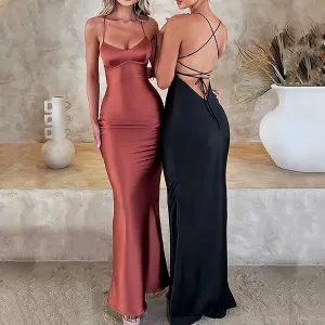 Luolandi Satin Backless Slim Sexy Dress Women Bodycon Long Summer Dress Mermaid Elegant NightClub Party Dresses Formal Dress