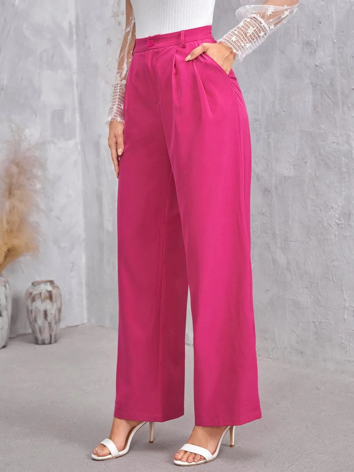MakeMeChic Women's High Waisted Pockets Work Office Palazzo Wide Leg Pants