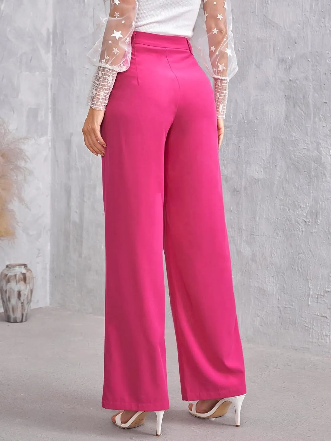 MakeMeChic Women's High Waisted Pockets Work Office Palazzo Wide Leg Pants