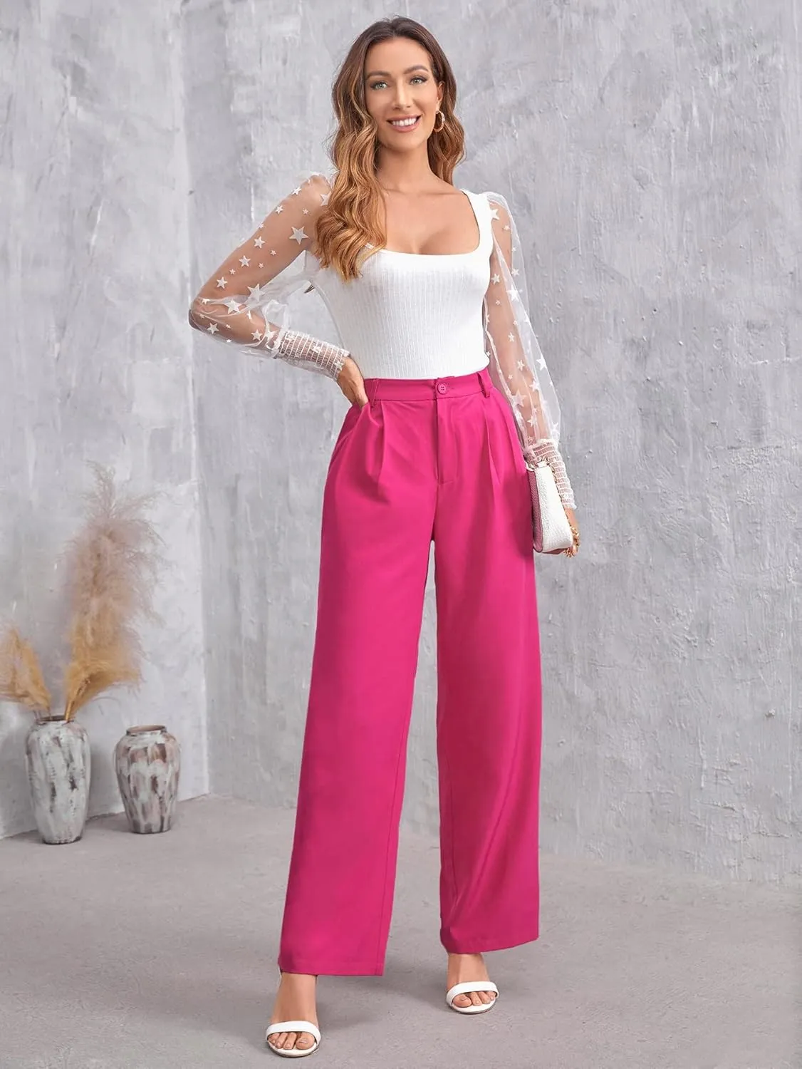 MakeMeChic Women's High Waisted Pockets Work Office Palazzo Wide Leg Pants