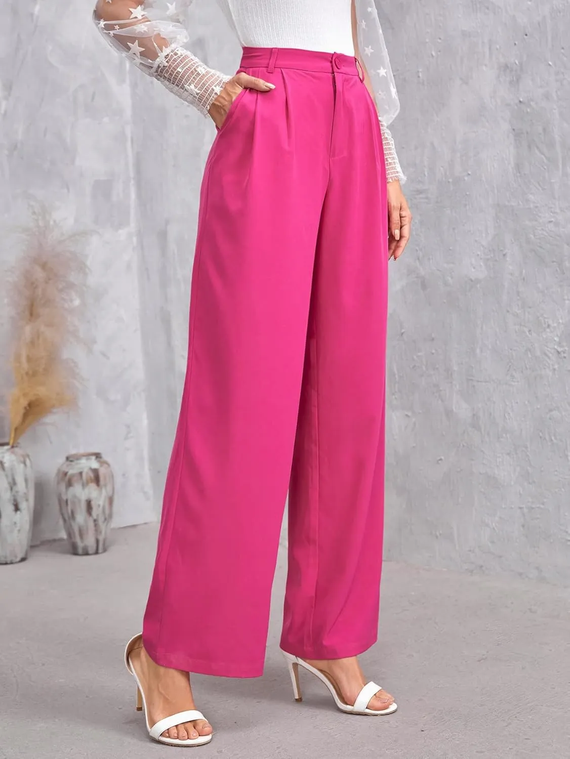 MakeMeChic Women's High Waisted Pockets Work Office Palazzo Wide Leg Pants