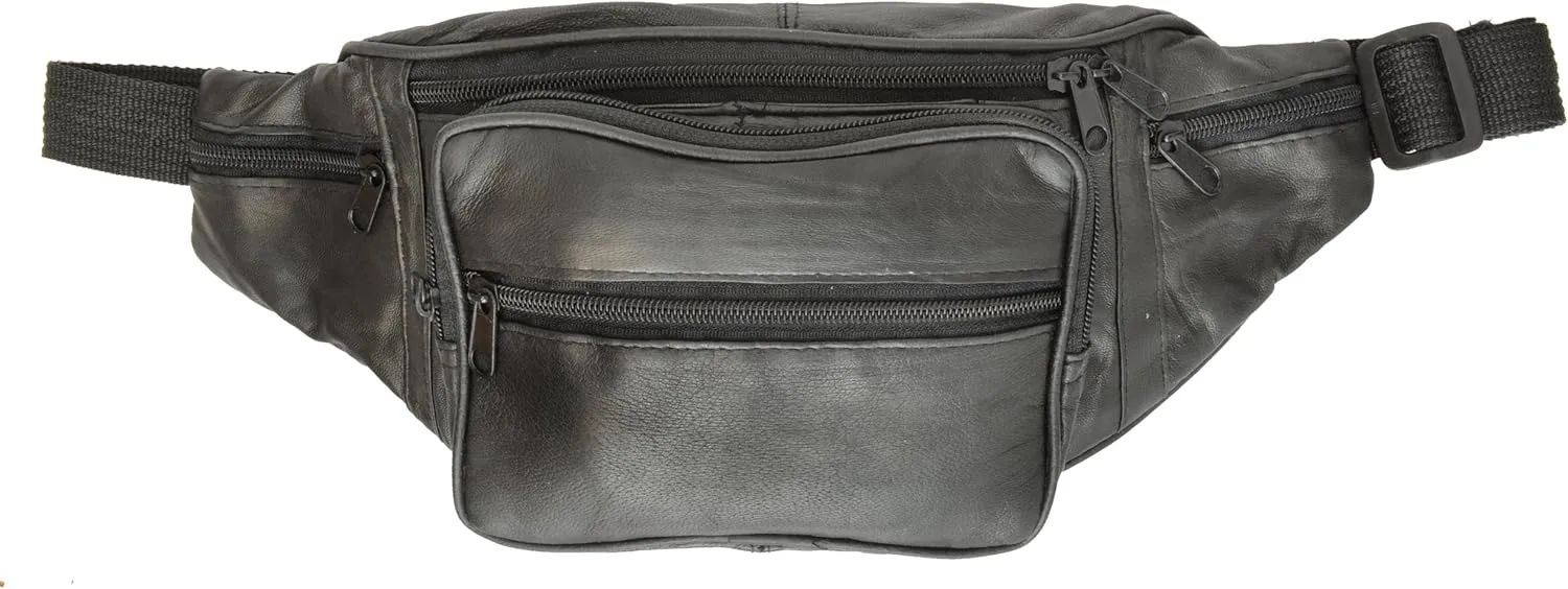 Marshal Black Leather Fanny Pack- Top Mens Waist Money Belt/Women's Purse Hip Pouch Travel- Best Zippered Waist Pouch For Money/Passports/Card Security In Travel- Ideal For Hiking, Running