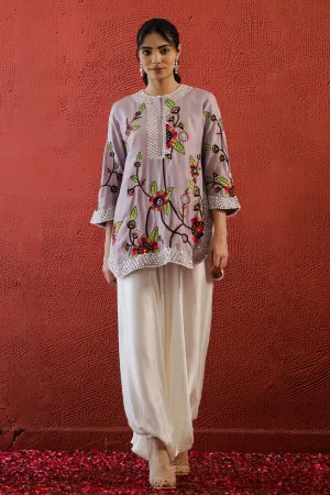 Mauve Embroidered Raw Silk Kurta Set