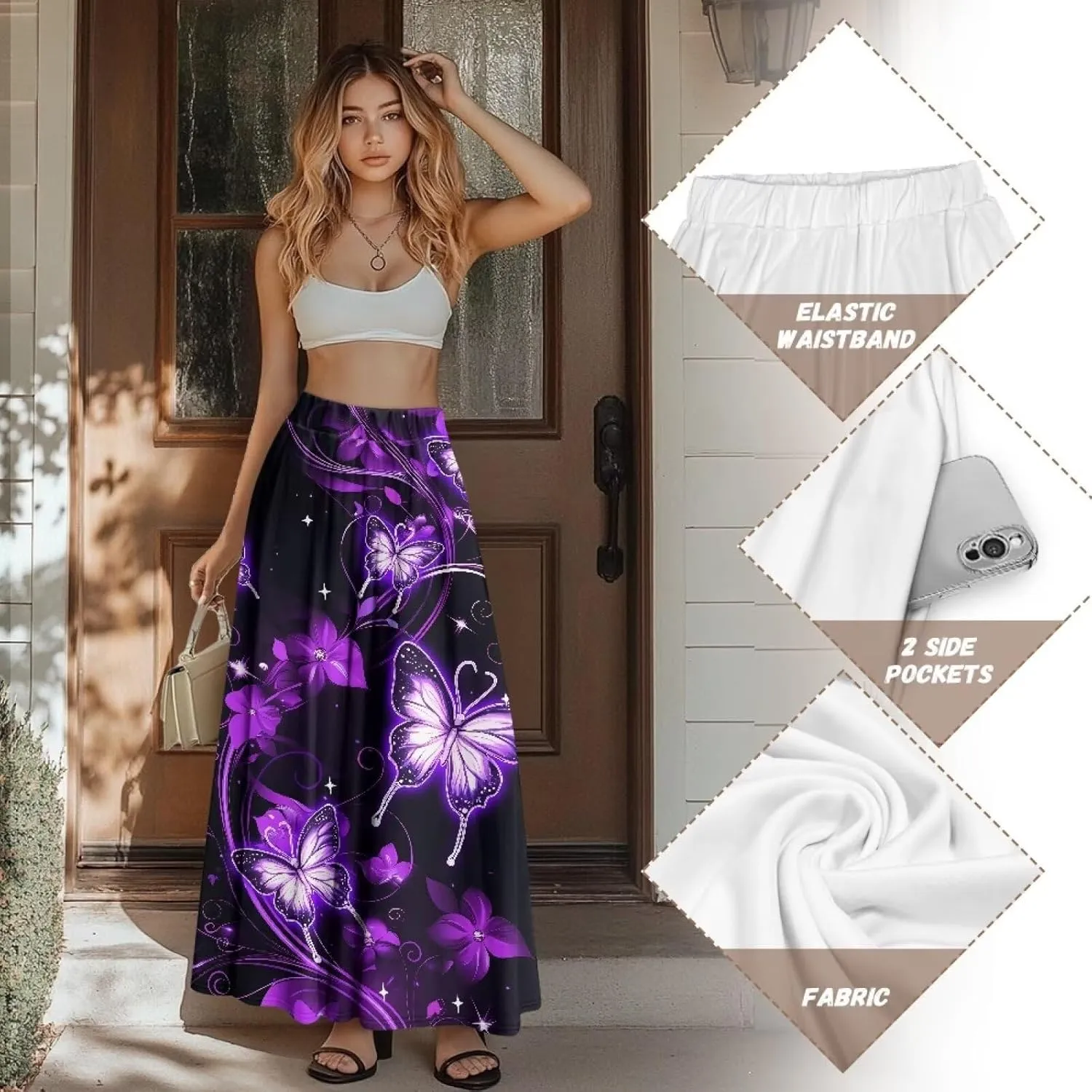 Maxi Skirts for Women Pleated High Waisted Casual Long Skirt with Pockets Plus Size A Line Party Work Skirts S-XXL