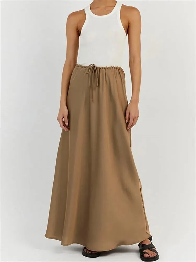 Meladyan Woman Drawstring High Elastic Waist Maxi Long Skirt A Line Flare Solid Slim Fitted Going Out Casual Midi Skirts