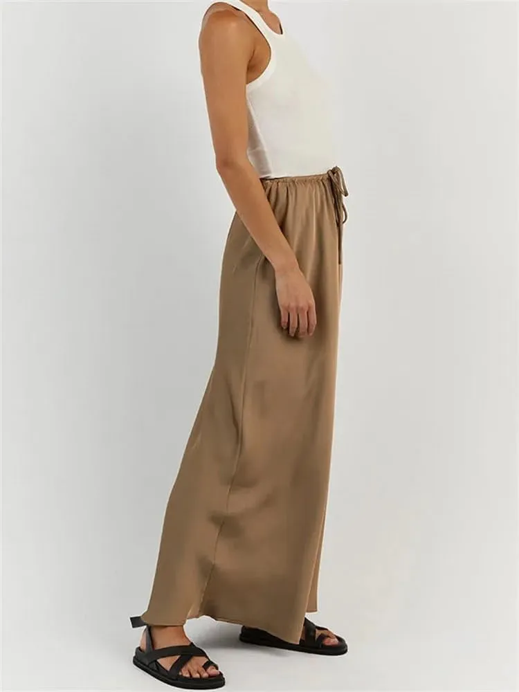 Meladyan Woman Drawstring High Elastic Waist Maxi Long Skirt A Line Flare Solid Slim Fitted Going Out Casual Midi Skirts