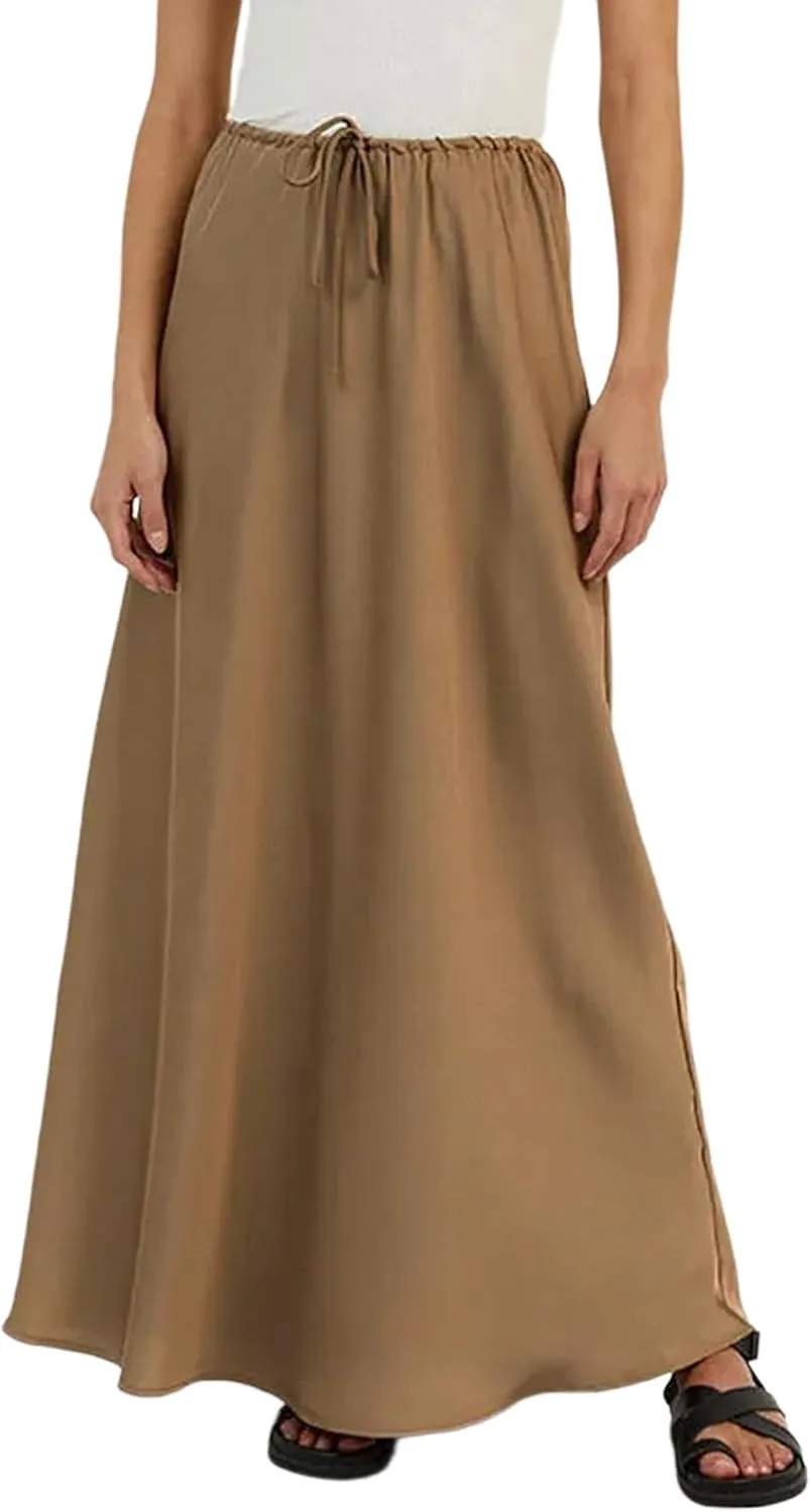 Meladyan Woman Drawstring High Elastic Waist Maxi Long Skirt A Line Flare Solid Slim Fitted Going Out Casual Midi Skirts
