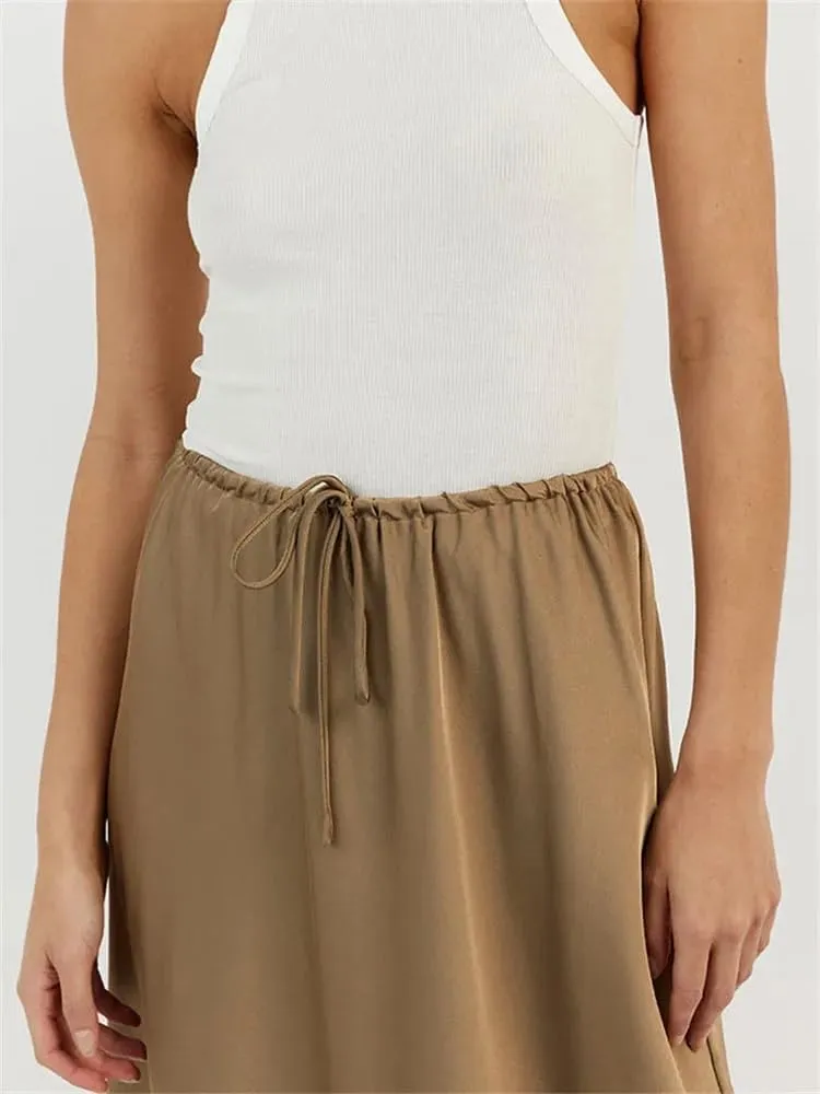 Meladyan Woman Drawstring High Elastic Waist Maxi Long Skirt A Line Flare Solid Slim Fitted Going Out Casual Midi Skirts