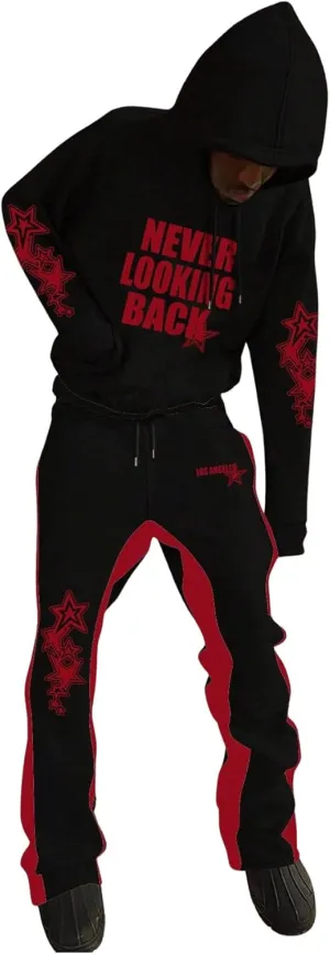 Men's 2 Piece Sweatsuit Long Sleeve Graphic Hoodies and Designer Stacked Sweatpants Jogging Suit