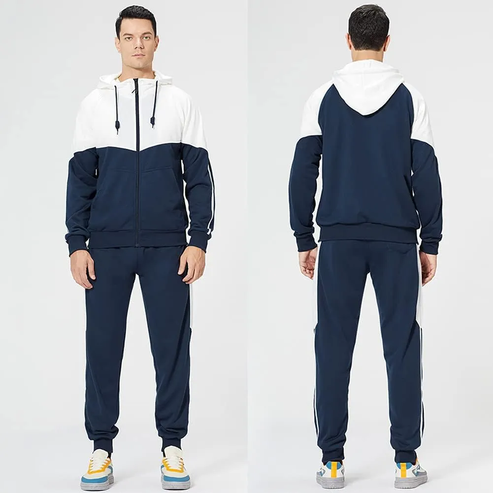 Men's Hooded Athletic Tracksuit Sweatsuit Long Sleeve Full-Zip Jogging Sweatpants 2 Piece Patchwork Sportsuits