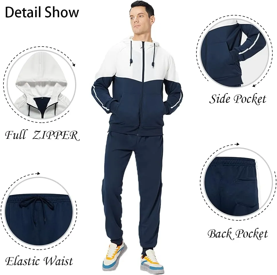 Men's Hooded Athletic Tracksuit Sweatsuit Long Sleeve Full-Zip Jogging Sweatpants 2 Piece Patchwork Sportsuits
