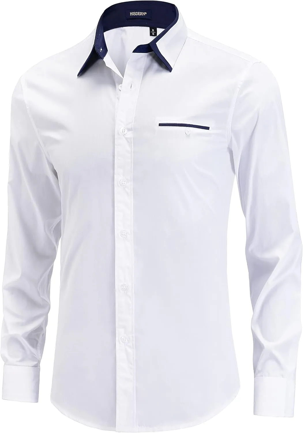 Men's White Dress Shirt with Contrast Navy Collar