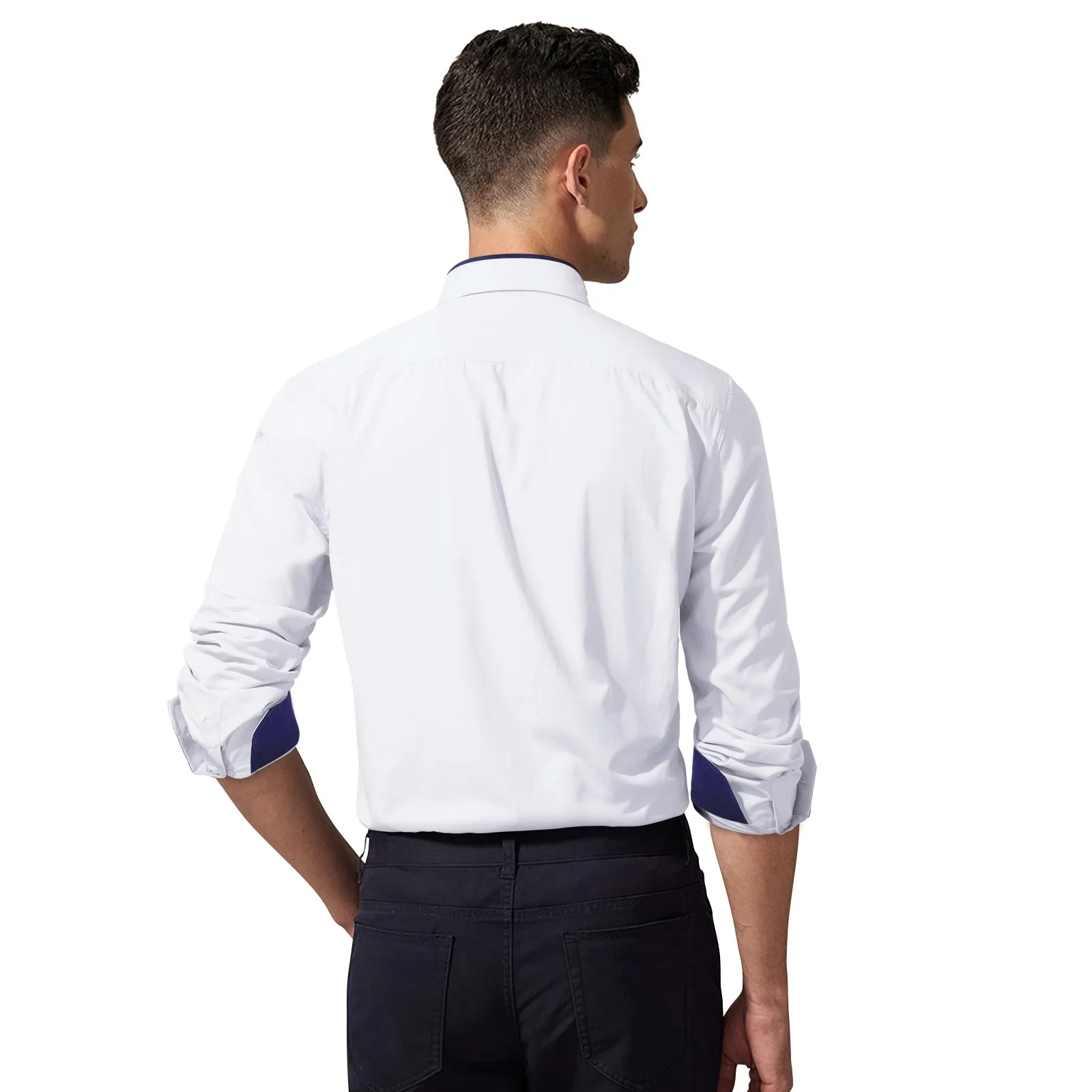 Men's White Dress Shirt with Contrast Navy Collar