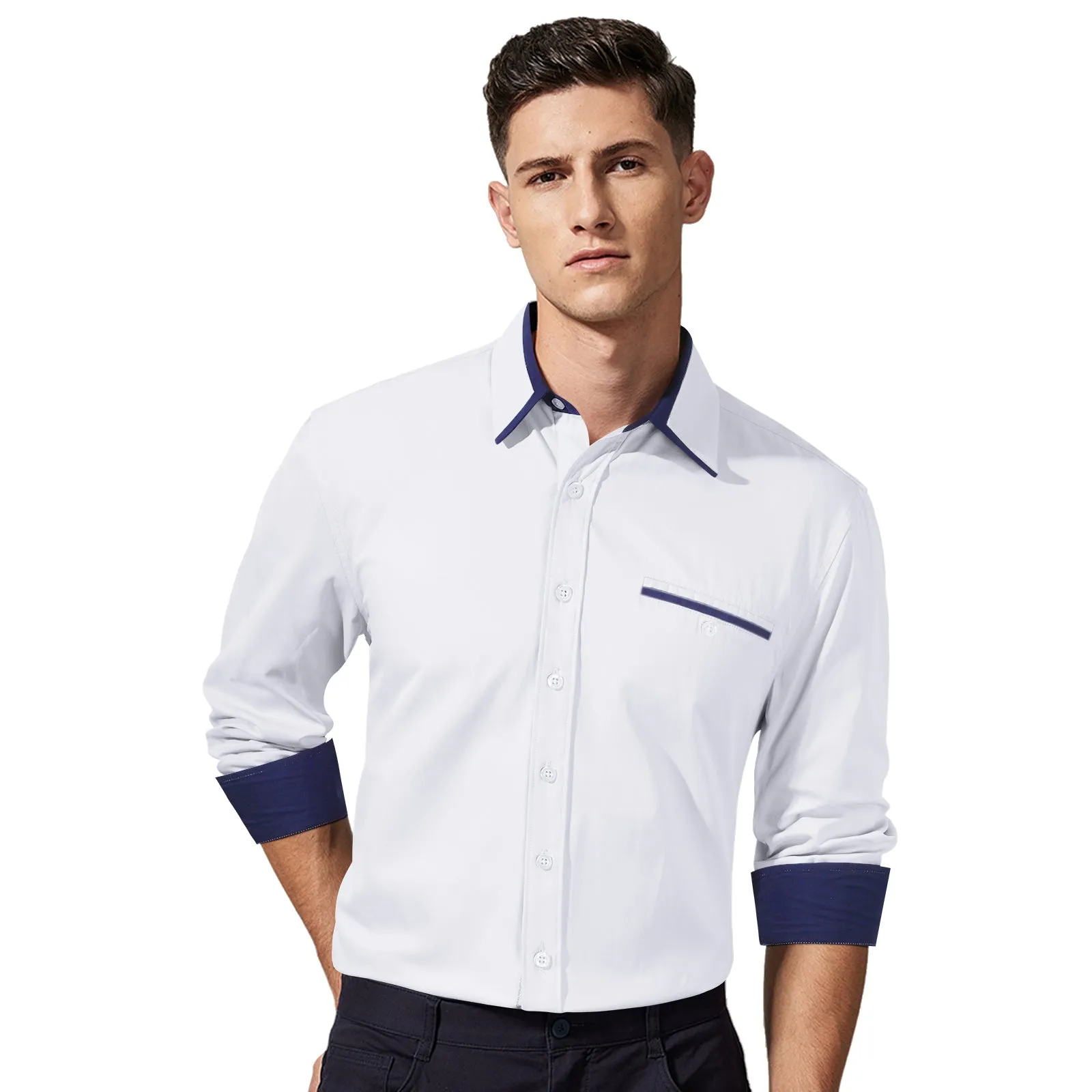 Men's White Dress Shirt with Contrast Navy Collar