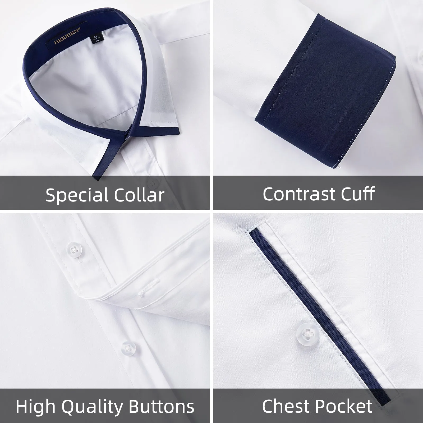 Men's White Dress Shirt with Contrast Navy Collar