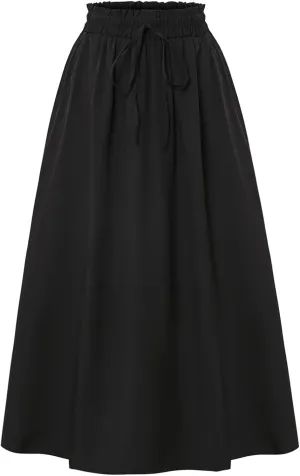 Midi Skirts for Women Trendy Casual Summer Lightweight Linen Skirt Drawstring High Waisted Flowy Skirt with Pockets