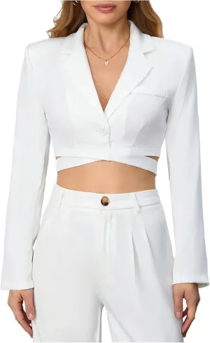 Milumia Women's Long Sleeve Lapel Neck Tie Back Crop Wrap Blazer Crisscross Button Down Shoulder Pad Cropped Jacket
