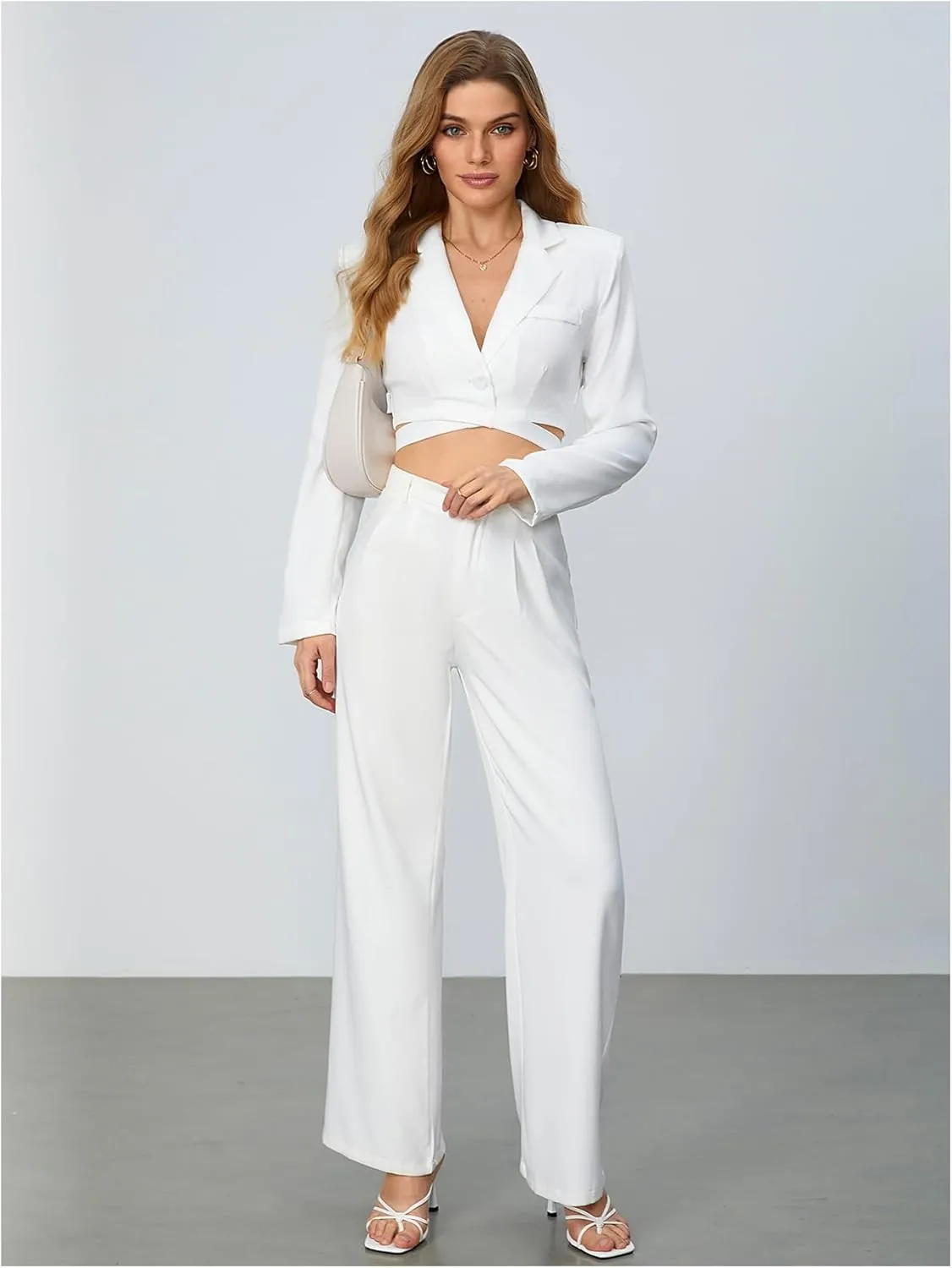 Milumia Women's Long Sleeve Lapel Neck Tie Back Crop Wrap Blazer Crisscross Button Down Shoulder Pad Cropped Jacket