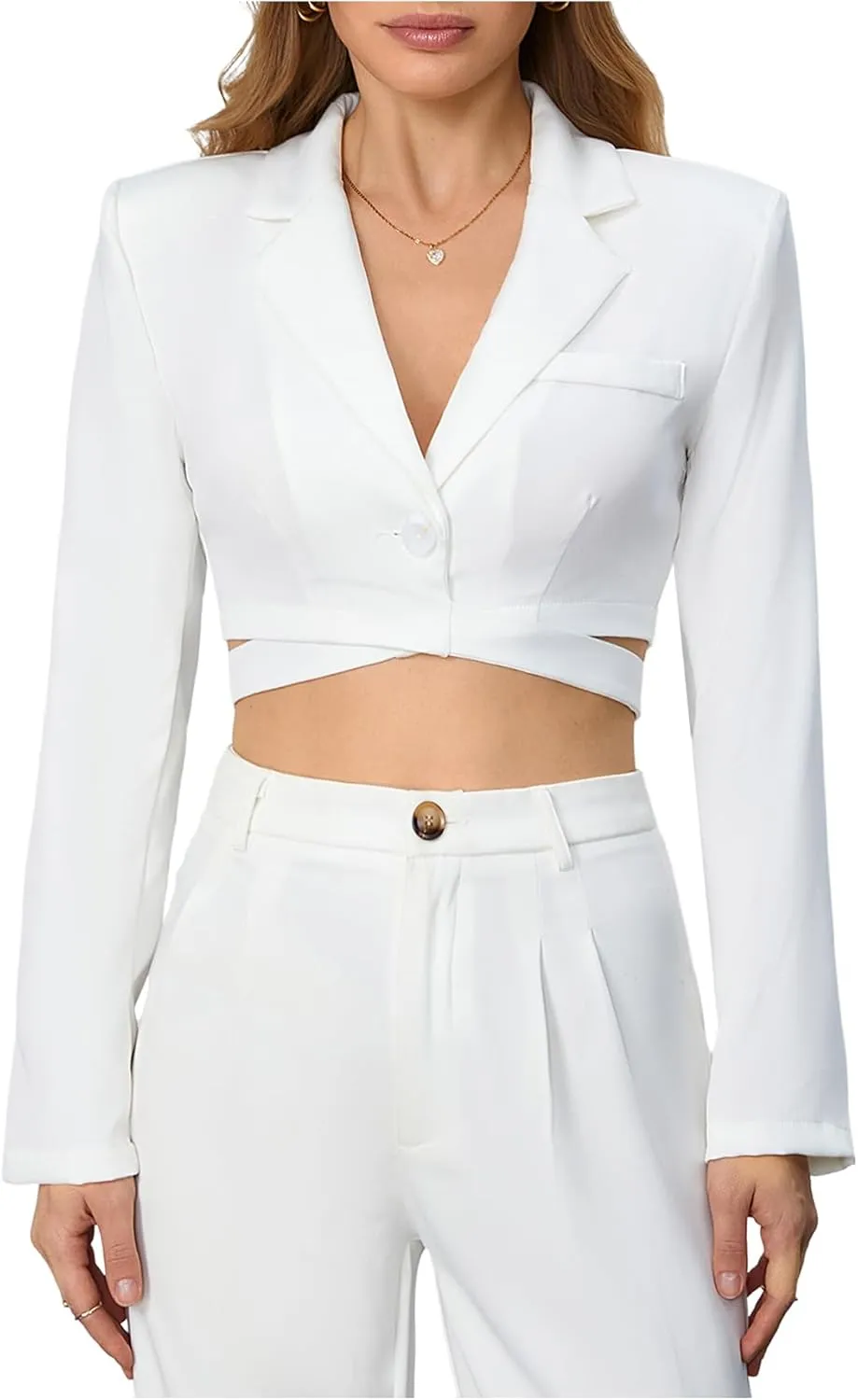 Milumia Women's Long Sleeve Lapel Neck Tie Back Crop Wrap Blazer Crisscross Button Down Shoulder Pad Cropped Jacket
